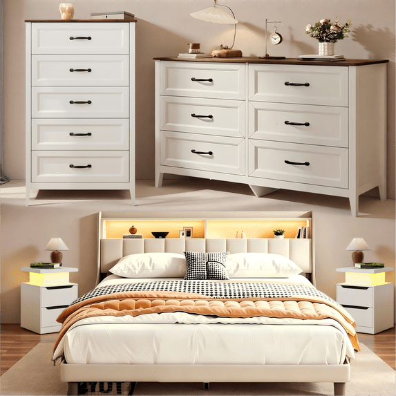 Lofka Bedroom Furniture Set – Queen Bed Frame, 2 Nightstands with Charging & RGB Lights, 5-Drawer Dresser & 6-Drawer Dresser for Large Bedrooms