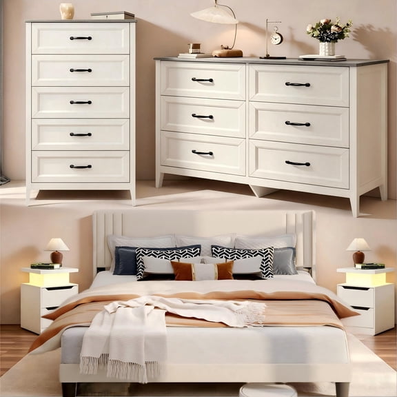 Lofka Bedroom Furniture Set – Queen Bed Frame, 2 Nightstands with Charging & RGB Lights, 5-Drawer Dresser & 6-Drawer Dresser for Large Bedrooms