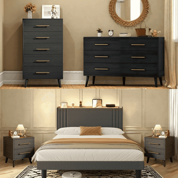 Modern Bedroom Furniture Set, Queen Bed Frame with Charging Station & LED Lights, 2 Nightstands, 5-Drawer Dresser & 6-Drawer Chest, Black