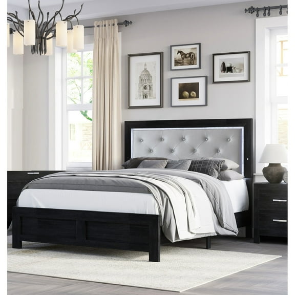 Modern Bedroom King Size Bed, Headboard With Led , Black Faux Leather, Gray Upholstery, Button , Solid Wood Bed Upholstered Headboard, Slats Included, Furniture