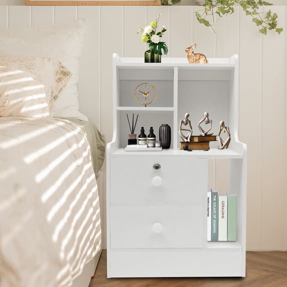 Modern Bedroom Nightstand Small Dresser 2 Drawers W/ Storage Shelf Bedside Table