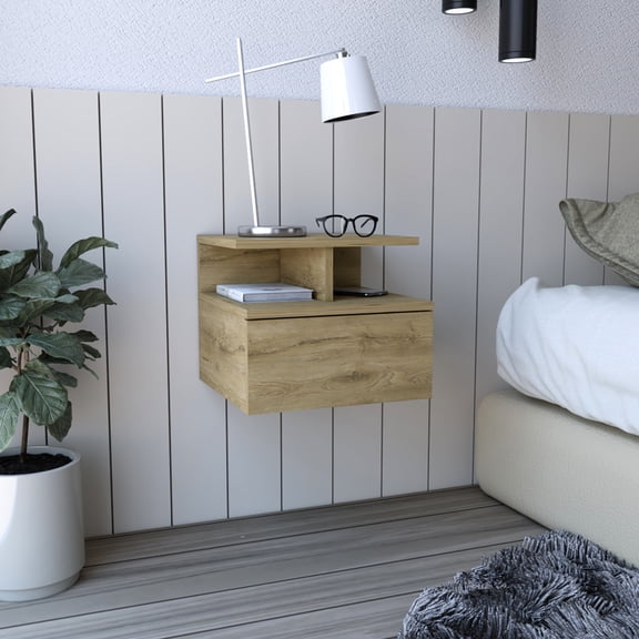 Modern Bedroom Nightstand With Drawer And Visible Open Shelf Storage - Beige Tone Spacious Shelves