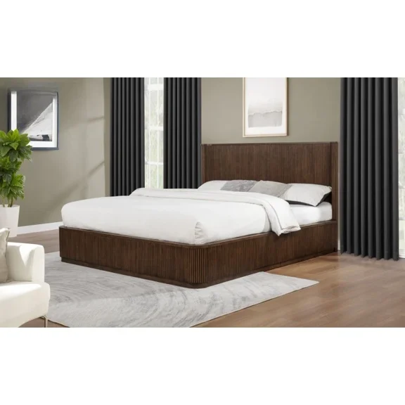 Modern Bedroom Queen Platform Bed, Solid Wood Bed Frame with Fluted Design, Brown