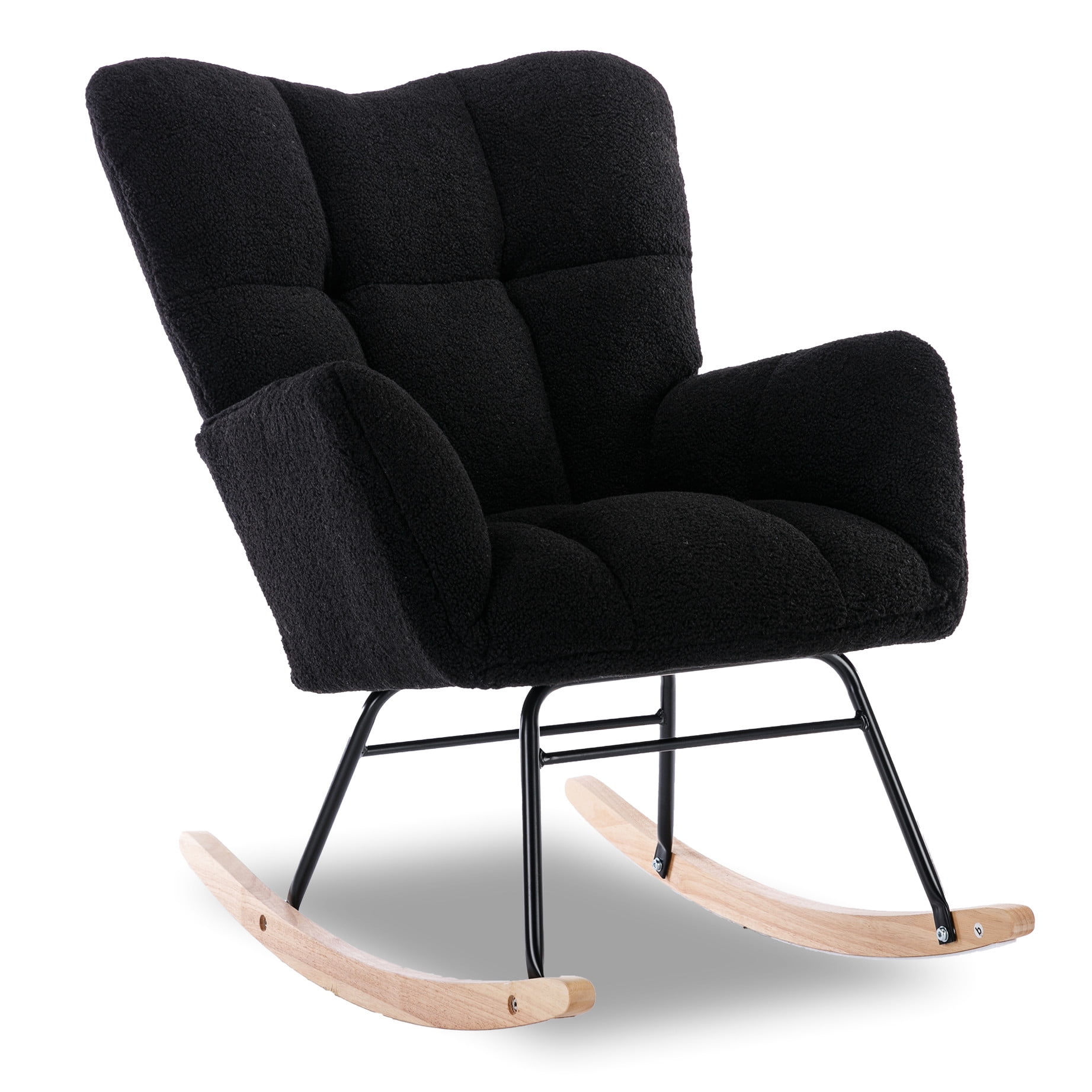 Modern Bedroom Rocking Glider Chair - Eucalyptus Wood And Foam Filled With Black Fabric