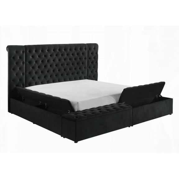 Modern Bedroom Sanctuary with Black Velvet Plush Tufted Headboard and Concealed Storage for Queen Bed