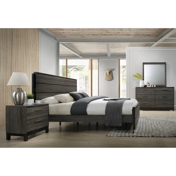Modern Bedroom With Grey Wood - Queen Bed, Dresser, Mirror, Nightstand Breathable Antique Twisting