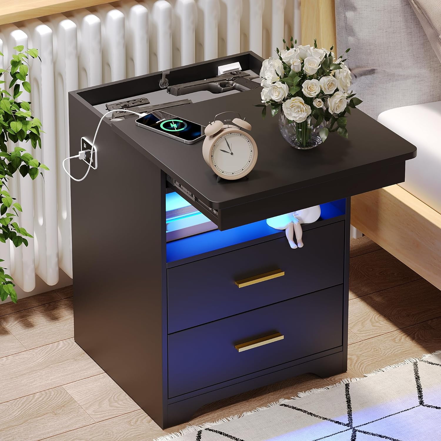 Modern Bedside Table with Charging Station, USB & USB-C Ports, LED ...