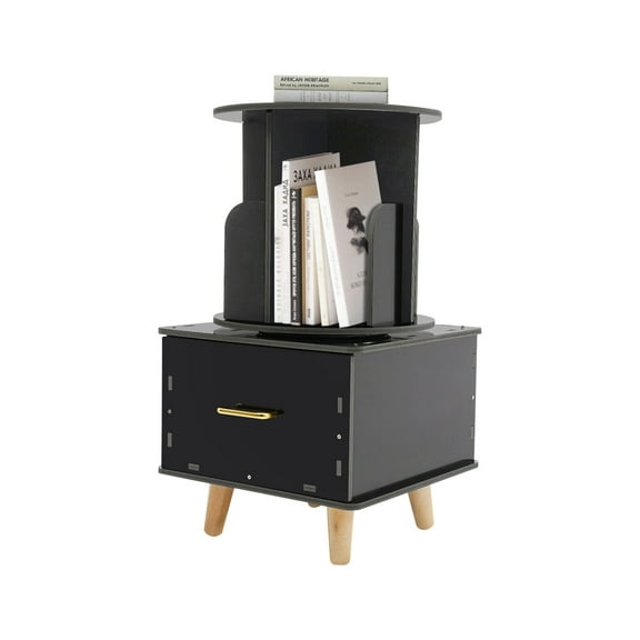 Modern Bedside Table Corner High End Table, Rotating Bookshelf with Drawer Black Free Standing