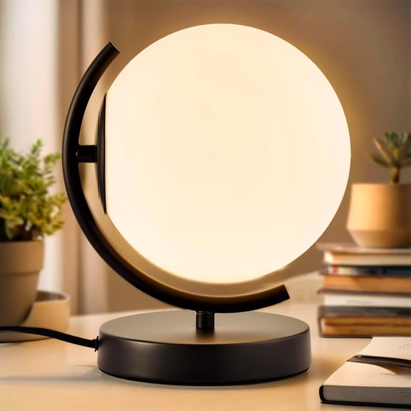 Modern Bedside Table Lamp with Frosted Glass Dome Shade, Sand Black Metal Base, E26 Socket, Plug-in with On/Off Switch for Bedroom, Living Room – No Bulb Included