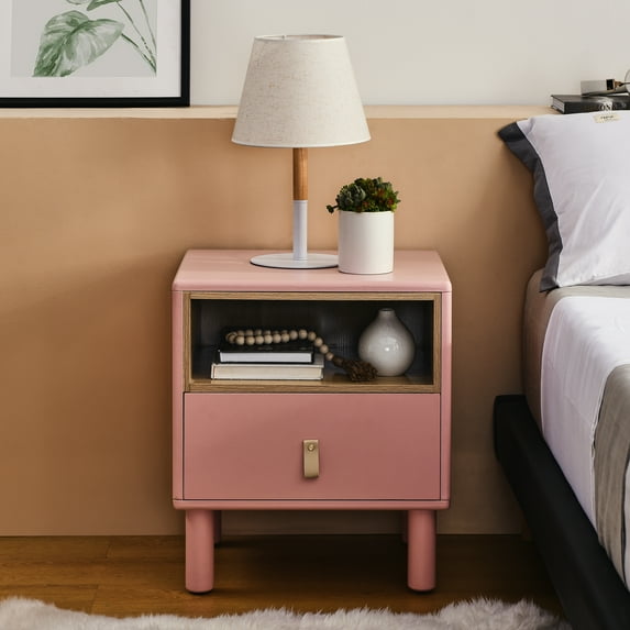 Nightstand, Modern Bedside Tables End Tables With Drawer And Open Shelf, Solid Wood Leg Support, Compact Sofa Side Tables For Bedroom Living Room Dorm