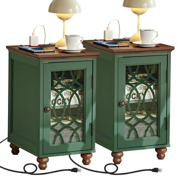 Modern Bedside Table Set for Small Spaces - 2 Narrow Nightstands with Charging Station, Glass Door & Adjustable Storage, Green