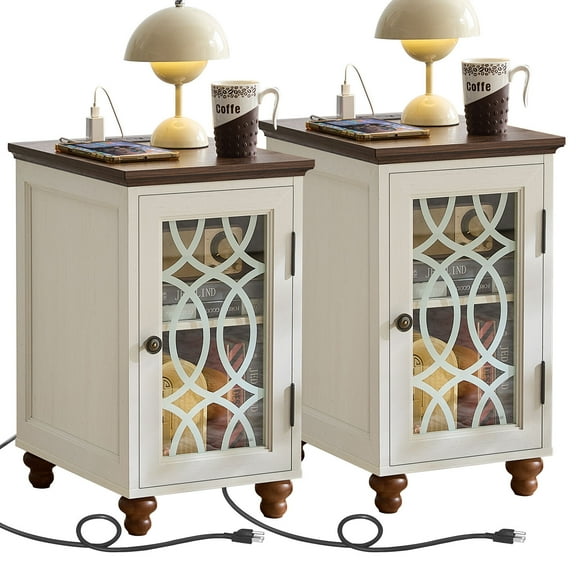 Modern Bedside Table Set for Small Spaces - 2 Narrow Nightstands with Charging Station, Glass Door & Adjustable Storage, White