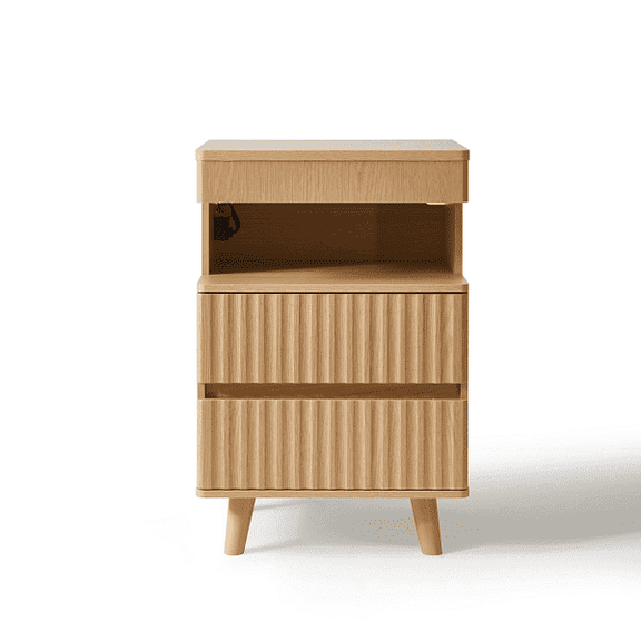 Modern Bedside Table with Concealed , Nightstand with Charging Station, 2 Drawers & Open Shelf, Oak Finish Side Table for Bedroom