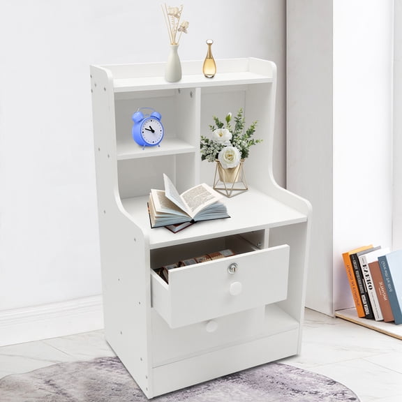 Modern Bedside Table with Locking Drawer, 27.5in Height Warm White Finish, Multiple Storage Sections, Easy Assembly MDF Nightstand for Home