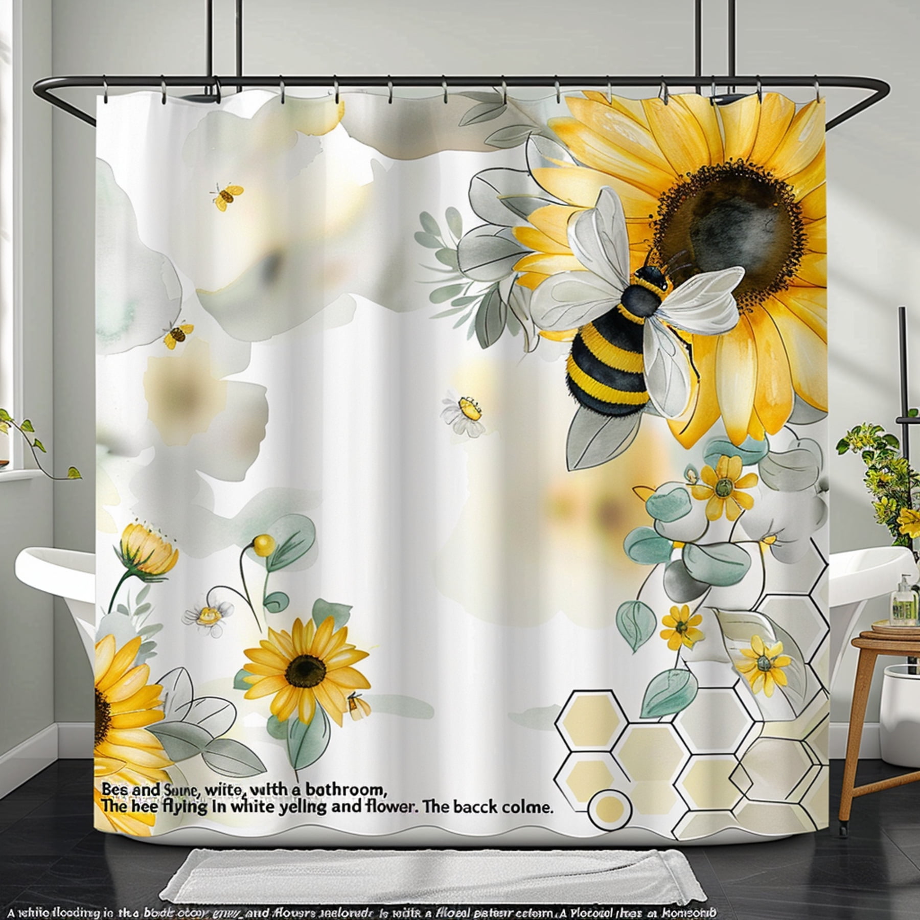 Modern Bee and Sunflower Watercolor Shower Curtain White Yellow Gray
