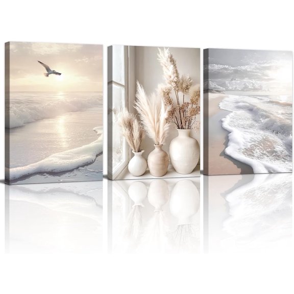 Modern Beige Abstract Beach Botanical Sunset Canvas Wall Art 12"x16"x3