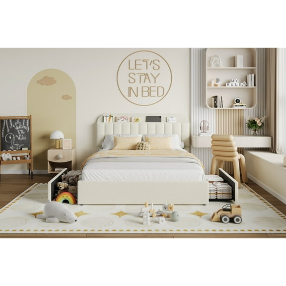 Modern Beige Boucle Platform Bed with Integrated Storage – Features Headboard Bookshelf & 2 Drawers, No Box Spring Required, Quiet & Easy to Assemble
