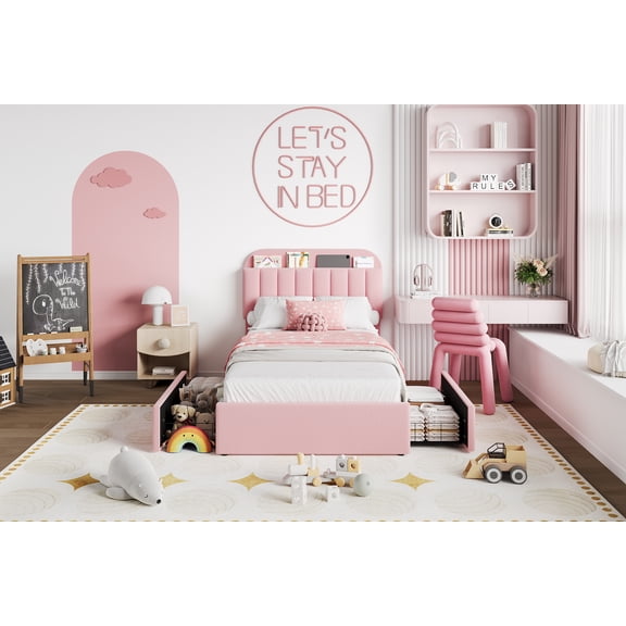 Modern Beige Boucle Platform Bed with Integrated Storage â Features Headboard Bookshelf & 2 Drawers, No Box Spring Required, Quiet & Easy to Assemble