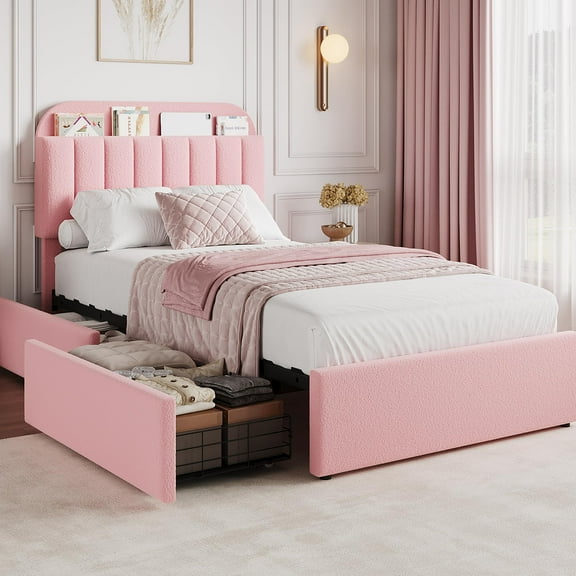 Modern Beige Boucle Platform Bed with Integrated Storage – Features Headboard Bookshelf & 2 Drawers, No Box Spring Required, Quiet & Easy to Assemble
