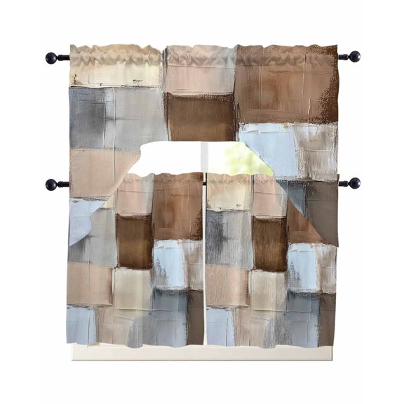 Modern Beige Brown Kitchen Curtains Swag Valance and Tier Curtains Set 36 Inch Length, Abstract Oil Painting Color Blocks Rod Pocket Drape Panels Pair Swag Curtain for Bathroom/Cafe/Window