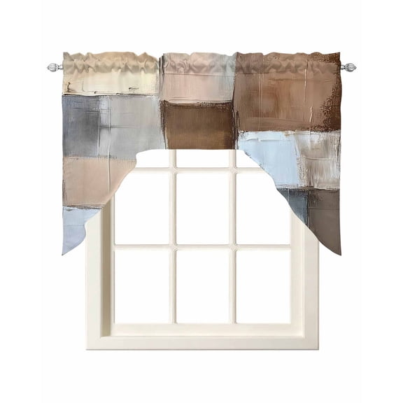 Modern Beige Brown Kitchen Curtains Swag Valance for Windows/Bathroom/Cafe, Abstract Oil Painting Color Blocks Rod Pocket Drape Panel Swag Curtain Valance for Bedroom/Living Room 55''x36''