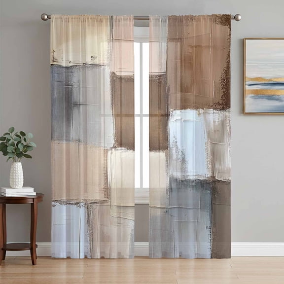 Modern Beige Brown Sheer Curtains 63 Inch Length 2 Panels Set, Abstract Oil Painting Color Blocks Voile Window Treatment Rod Pocket Curtains Sheers Drapes for Bedroom/Living Room/Kitchen 52x"63"x2