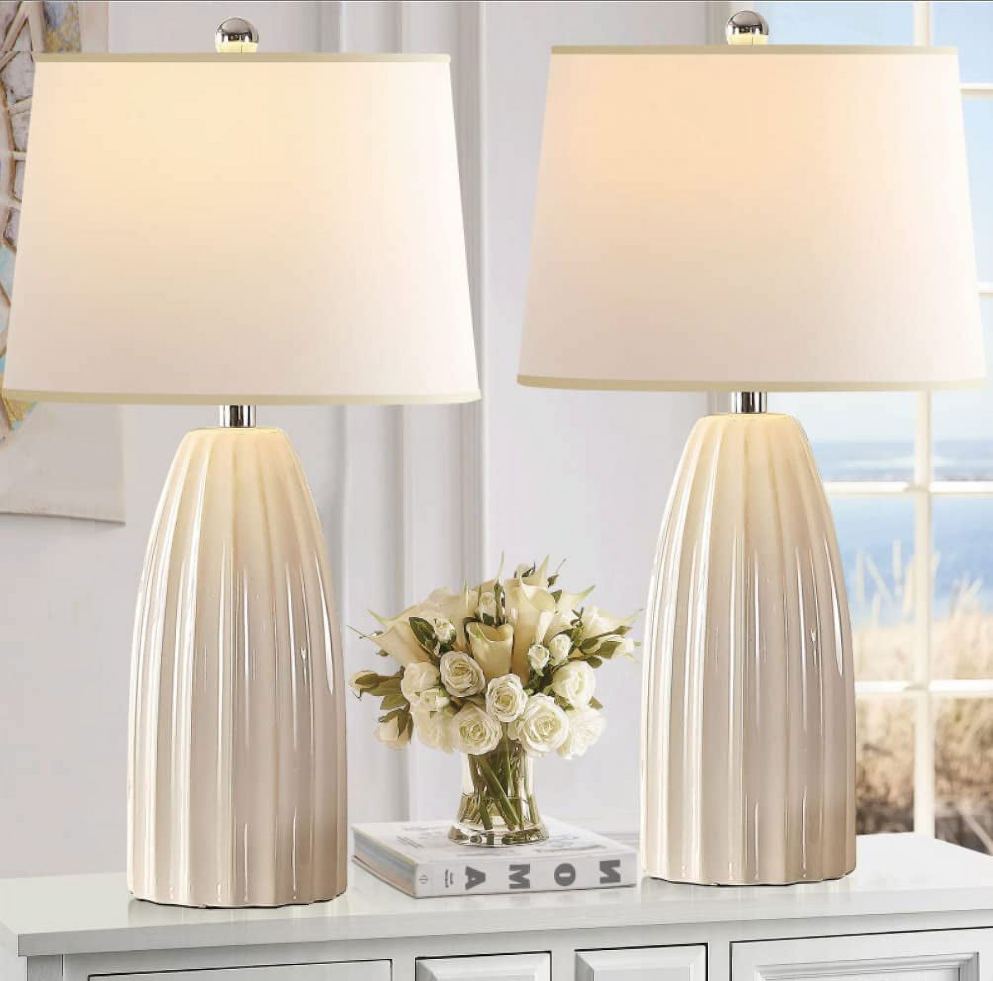 Modern Beige Ceramic Table Lamps Set of 2 for Living Room,Coastal Pottery Bedroom Nightstand