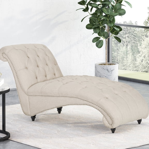 Modern Beige Chaise Lounge, Button , Diamond Stitched, Curvy, With Birch Legs Lounge Tufting, Stitch, Fabric, Curvy Wood Leg Detail