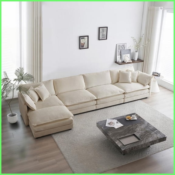 Modern Beige Chenille 5-Seater Modular U-Shaped Sectional Sofa with Ottoman for Living Room