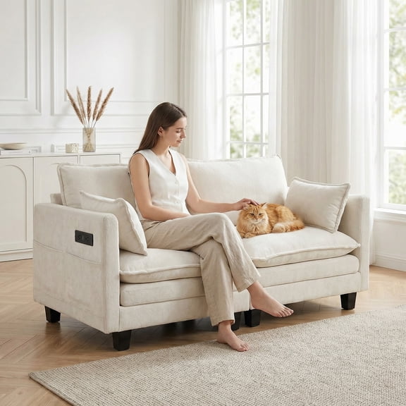 Modern Beige Chenille Loveseat Sofa, 2-Seat Compact Couch with Dual USB Charging Ports and Side Pockets, Small Space Settee for Bedroom, Office, Apartment.