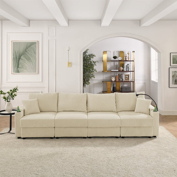 Modern Beige Corduroy 4-Seat Sofa with Deep Seats, Cup & Phone Holders, Solid Wood Frame for Living Room Comfort & Style