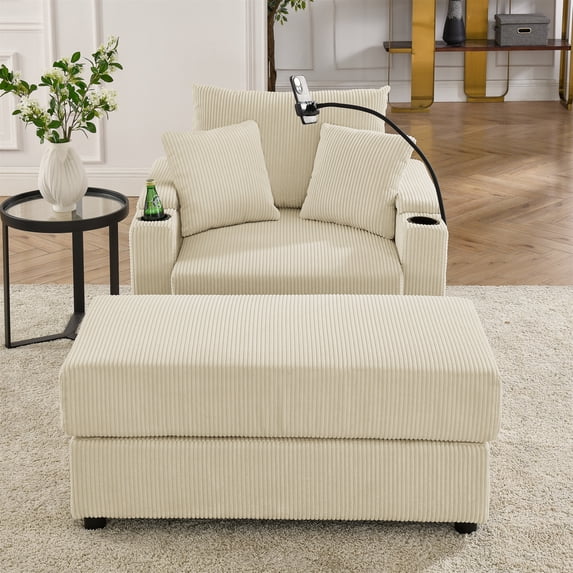 Modern Beige Corduroy Sofa Chair with Storage Ottoman, Deep Seat, Cup & Phone Holder, 22.5" Spacious Seat, Solid Wood Frame, Ideal for Living Room Comfort