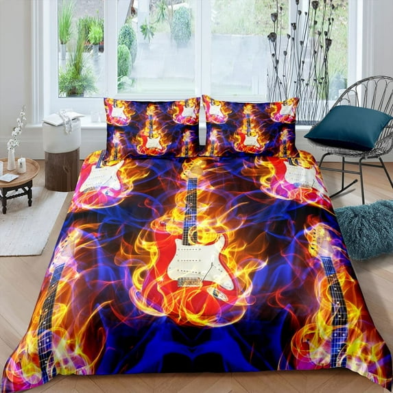 Modern Beige Dark Blue Duvet Cover Acoustic Guitar on Retro Murky Background Music Notes Melody Illustration Bedroom rative