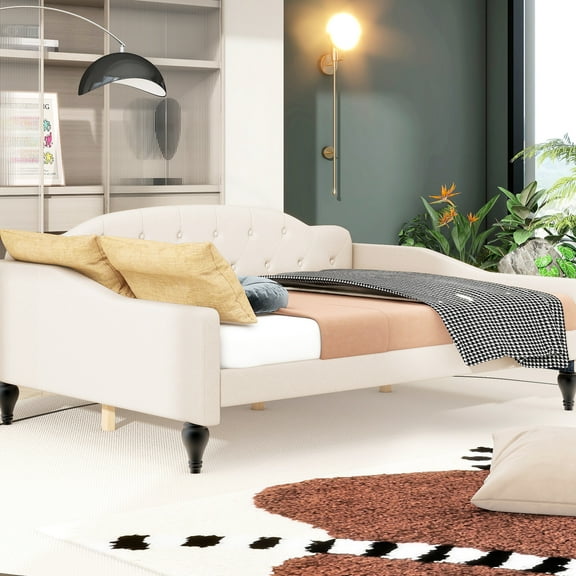 Modern Beige Daybed With Plywood Frame - Stable Legs For No Squeak Large Weight Capacity Box Spring Necessary Versatile Different Rooms Construction