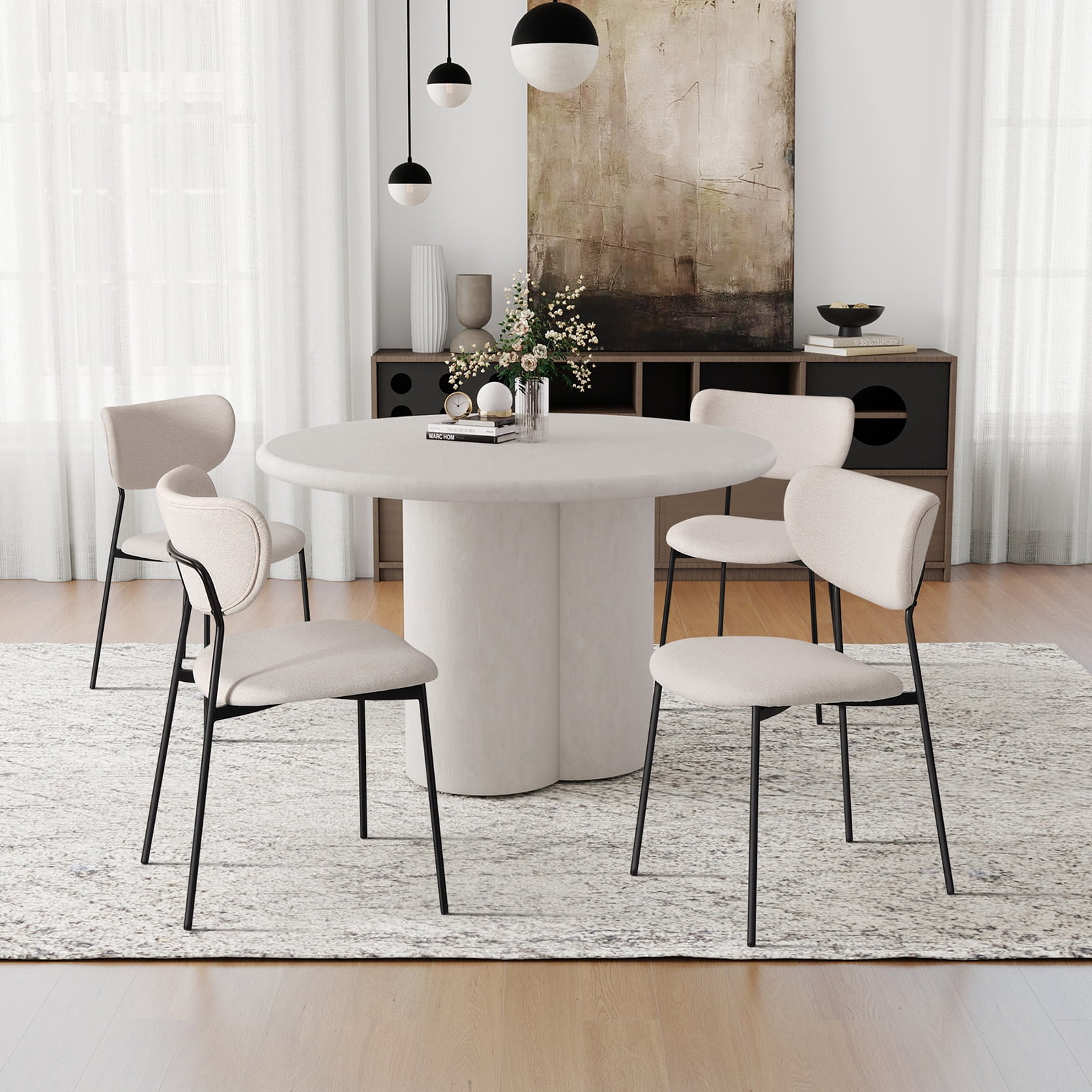 Modern Beige Dining Chairs Set of 4, Water Resistant Fabric Kitchen