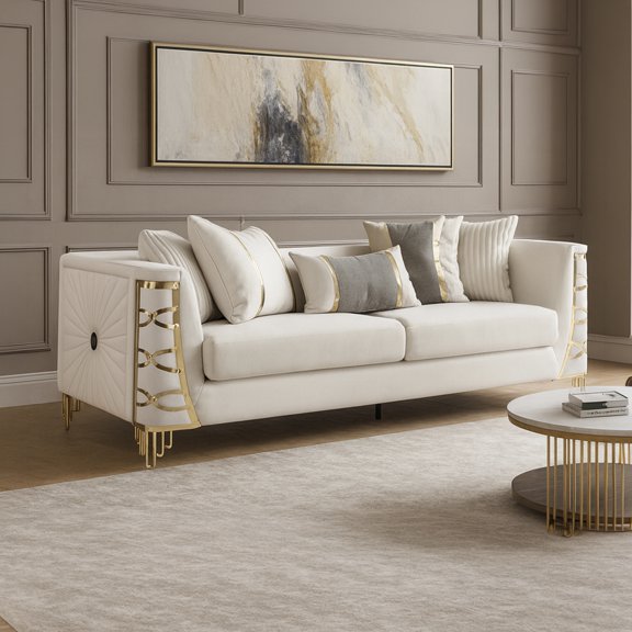 Modern Beige Fabric Sofa with Deep Cushioned Seating and Gold Finished Frame Detailing