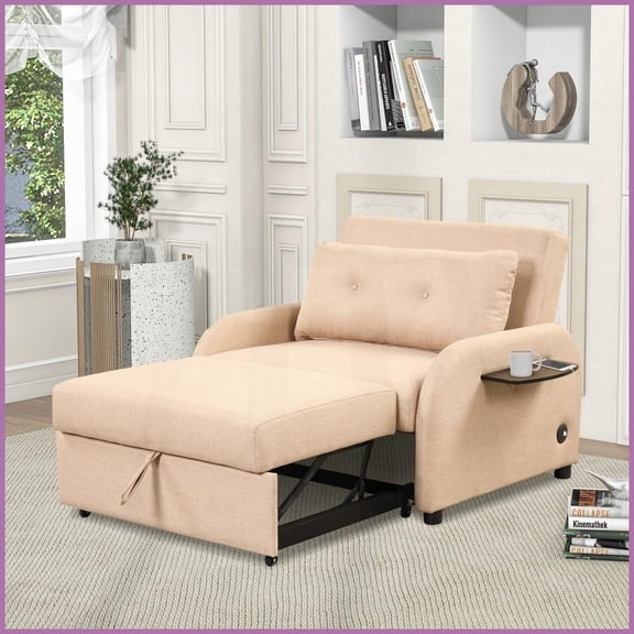 Modern Beige Linen 3-in-1 Sofa Sleeper with Wing Table & USB for Living Room