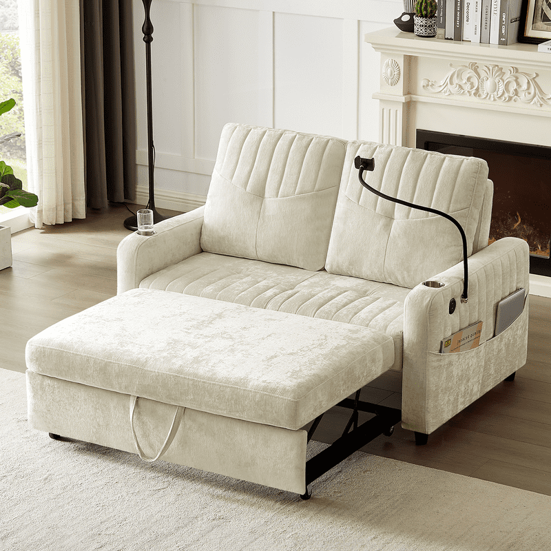 Modern Beige Loveseat Pull-out Sofa Bed with Adjustable Backrest, Cup Holders, Charging Ports & Side Pockets, Chenille Fabric for Living Room