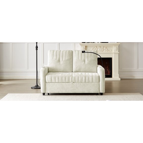 Modern Beige Pull-out Bed With Adjustable Back, Ports, Cup Holders, Phone Stand & Side Storage Pockets , Charging For Pleasant Time