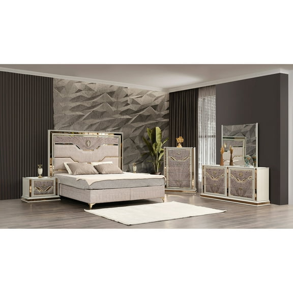 Modern Beige Queen Bedroom Suite - 5 Pieces With Drawers 5 Furniture For Nightstand