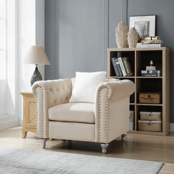 Modern Beige Single-Seater Armchair - 1-Piece with Solid Wood Frame & Non-Slip Pads