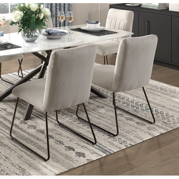Modern Beige Textured Fabric Upholstered Side Chairs (Set of 2) - 19"W Casual Dining Furniture with Black Metal Legs, Perfect for Dining Room