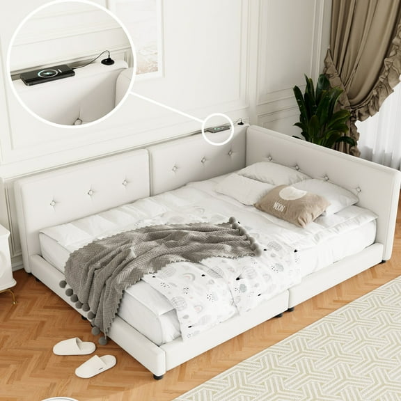 Modern Beige Upholstered Queen Bed With - No Box Spring Requirement & Frame Size Platform Bed, Charging Comfortable Sleeping Experience