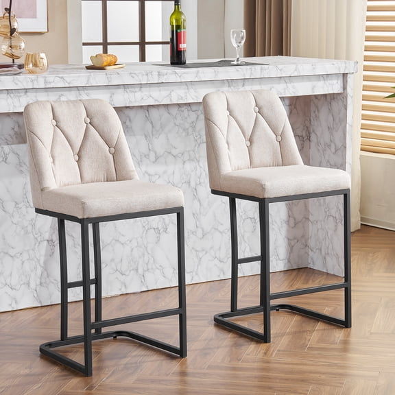 Modern Beige Upholstered Stool with Button-Tufted Backrest & Stylish Kitchen or Dining Room Seating