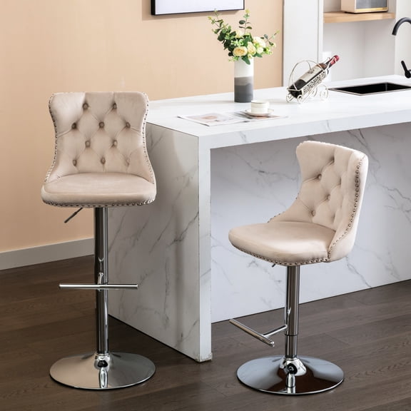 Modern Beige Velvet - 360° Swivel, Adjustable Seat Height 25-33 Inch, For Home Pub And Kitchen Island ( Of 2 Inch Height, Comfortable Kitchen, 2pcs