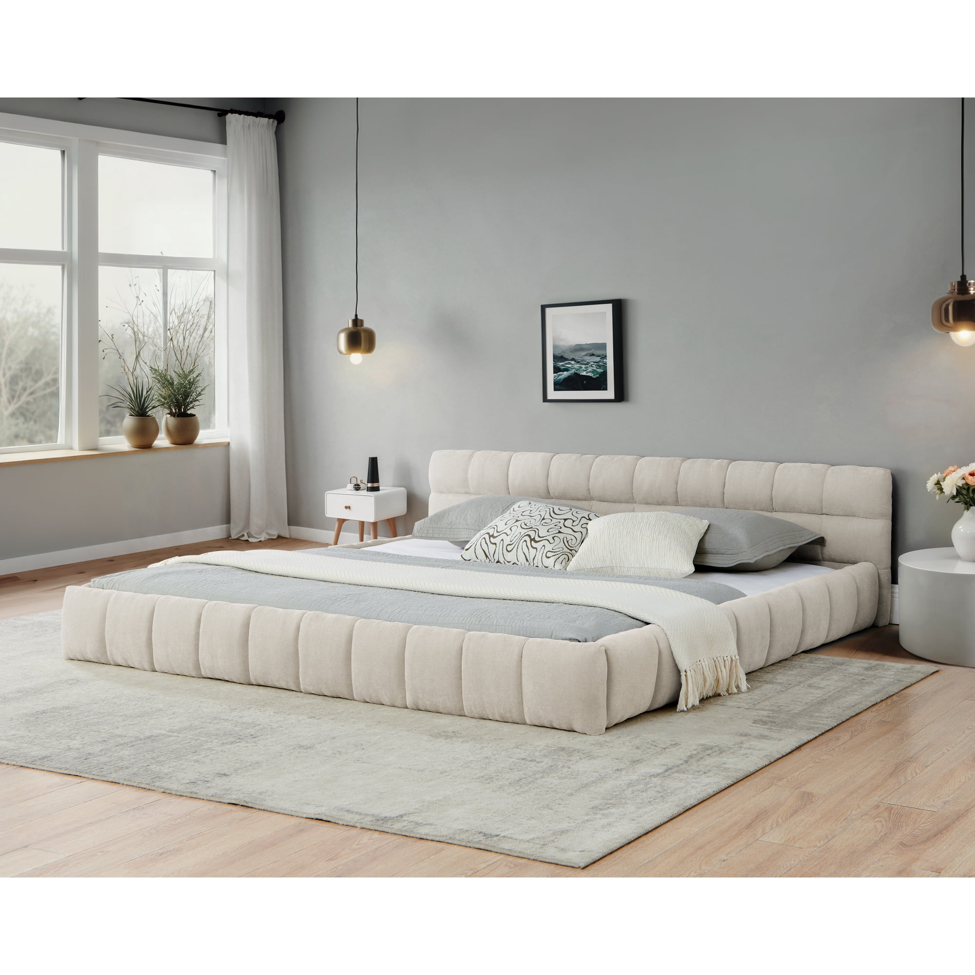 Modern Beige Wood Frame California King Chenille Upholstered Platform Bed with Headboard