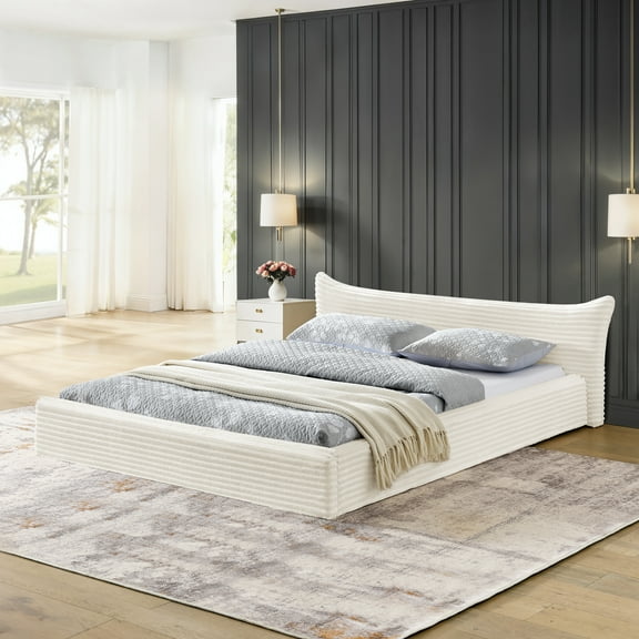 Modern Beige Wood Frame Grounded Queen Size Platform Bed, Queen Velvet Upholstered Platform Bed with Curved Headboard