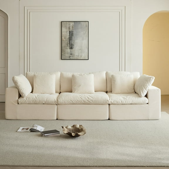 Modern Beige & White Sherpa Modular Sectional Sofa - 3 Seat Compressed Couch with High-Density Foam, Space-Saving Design for Living Room, 118"