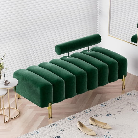 Modern Bench for Bedroom, 52.2" Channel Tufted End of Bed Bench, Long Ottoman Bench Small Window Entryway Footrest with Adjustable Back Golden Legs for Hallway, Emerald Green, Velvet