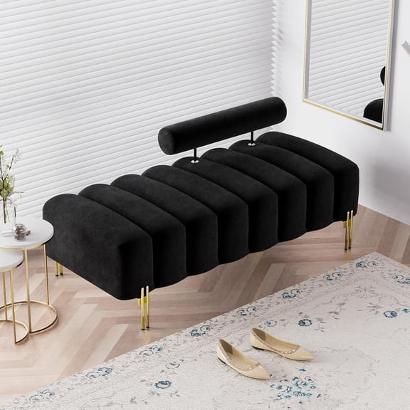 Modern Bench for Bedroom, 52.2" Channel Tufted End of Bed Bench, Ottoman Bench Small Window Entryway Footrest Padded Bench with Adjustable Back for Living Room, Black, Velvet